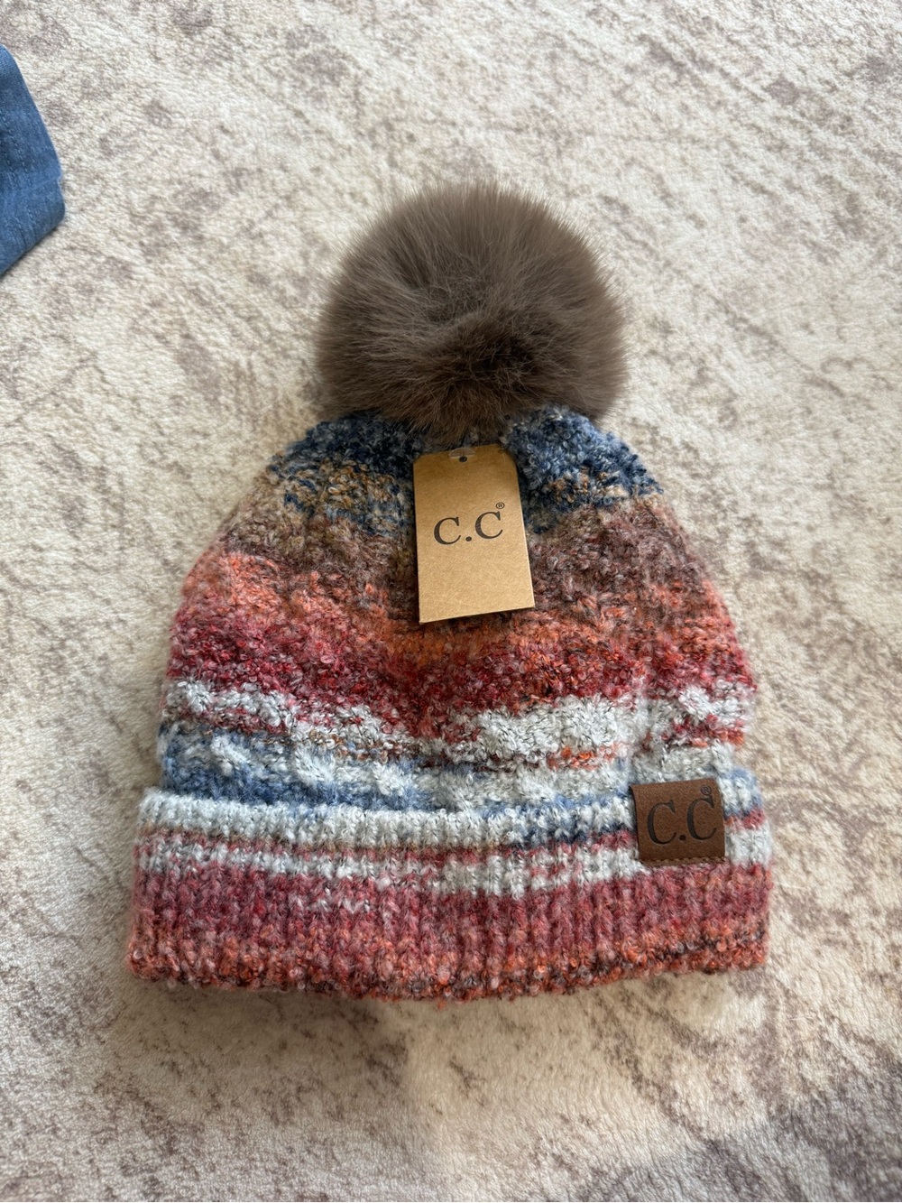 C.C Multicolor Pom Pom Beanie - Brown/Red Stripe